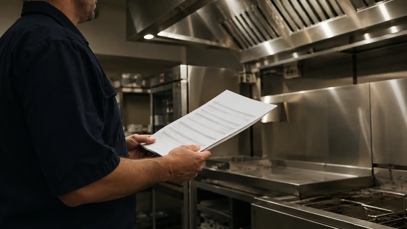 Illustrative view of a facilities professional reviewing an inspection report in a commercial kitchen