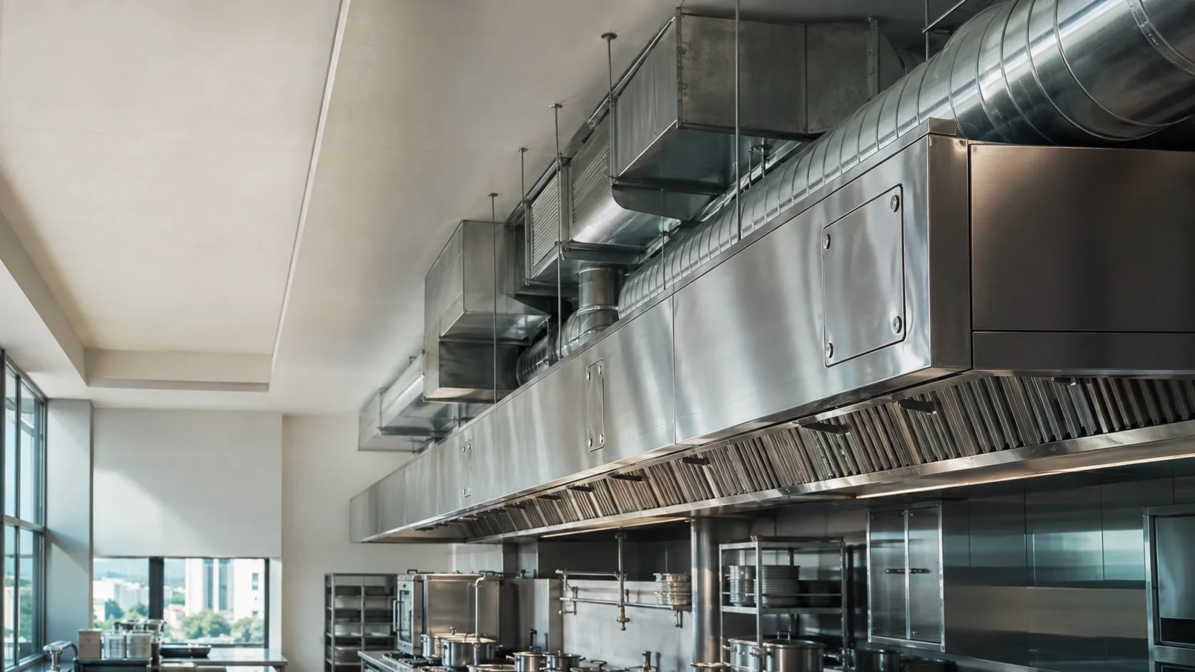 Conceptual view of a commercial kitchen canopy with visible overhead ductwork
