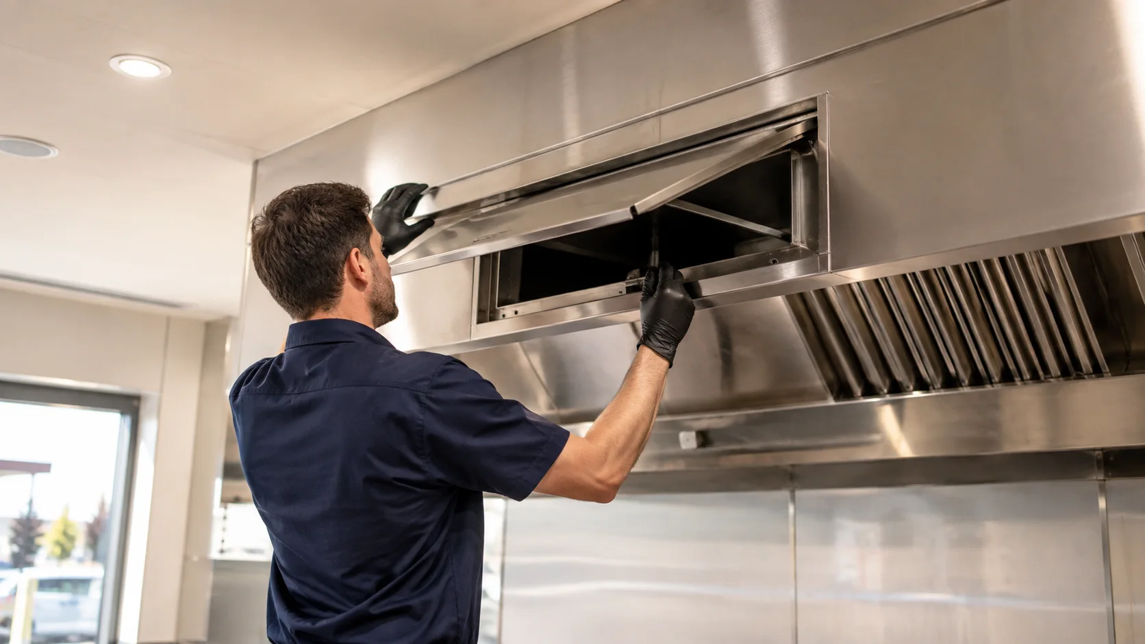 Conceptual view of a technician opening a commercial exhaust access panel